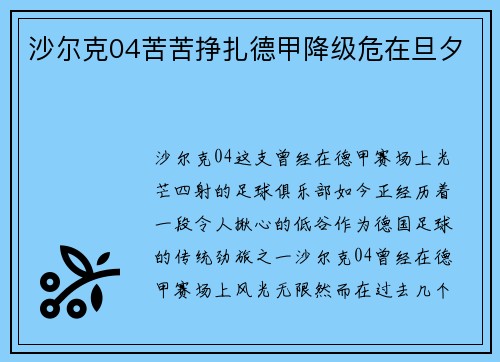 沙尔克04苦苦挣扎德甲降级危在旦夕